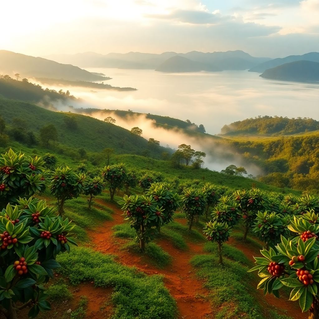 Cerises de cafe mures sur un cafeier Red Bourbon dans les collines de Nyamasheke au Rwanda