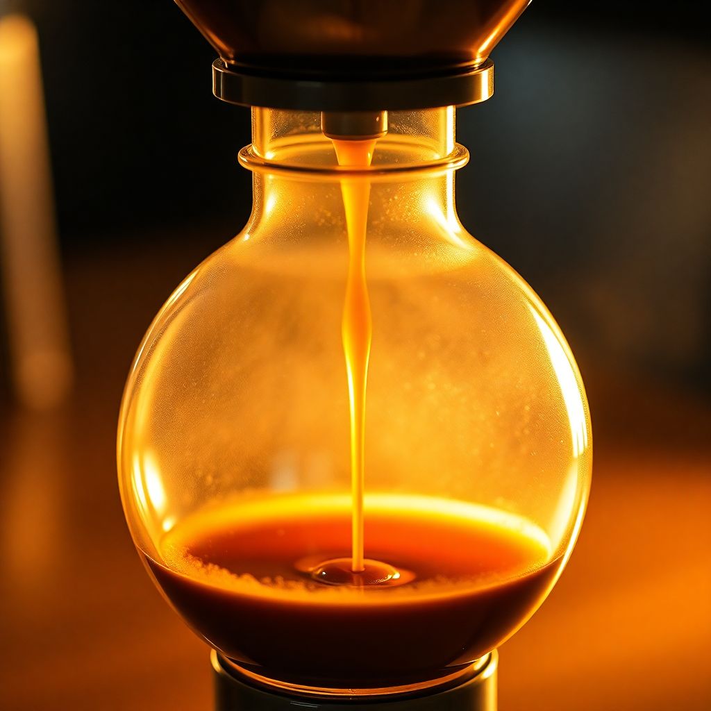 Cafetière siphon en verre avec sa flamme de brûleur allumée et le café remontant dans la chambre supérieure