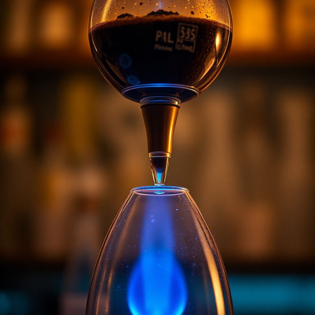 Cafetière siphon en verre avec sa flamme de brûleur allumée et le café remontant dans la chambre supérieure