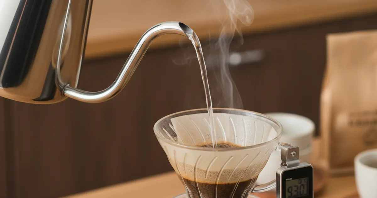 Bouilloire col de cygne versant de l'eau chaude sur un filtre V60, vapeur visible, café coulant