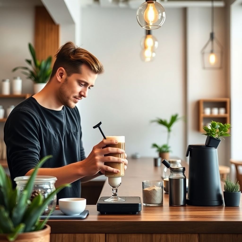 Barista préparant un café avec une méthode d'extraction innovante dans un coffee shop moderne en 2026