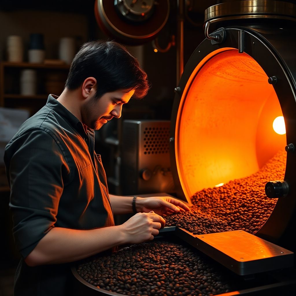 Torréfacteur artisanal français contrôlant la torréfaction de grains de café de spécialité dans son atelier