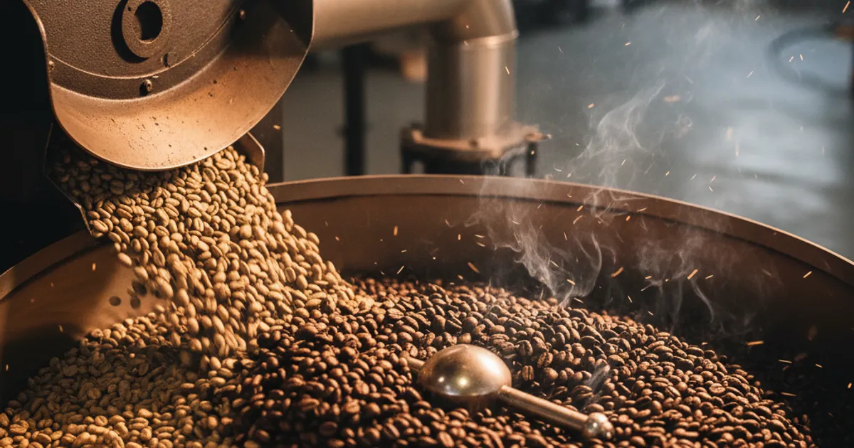 Grains de café en cours de torréfaction dans un tambour de torréfacteur artisanal avec dégagement de vapeur dorée visible