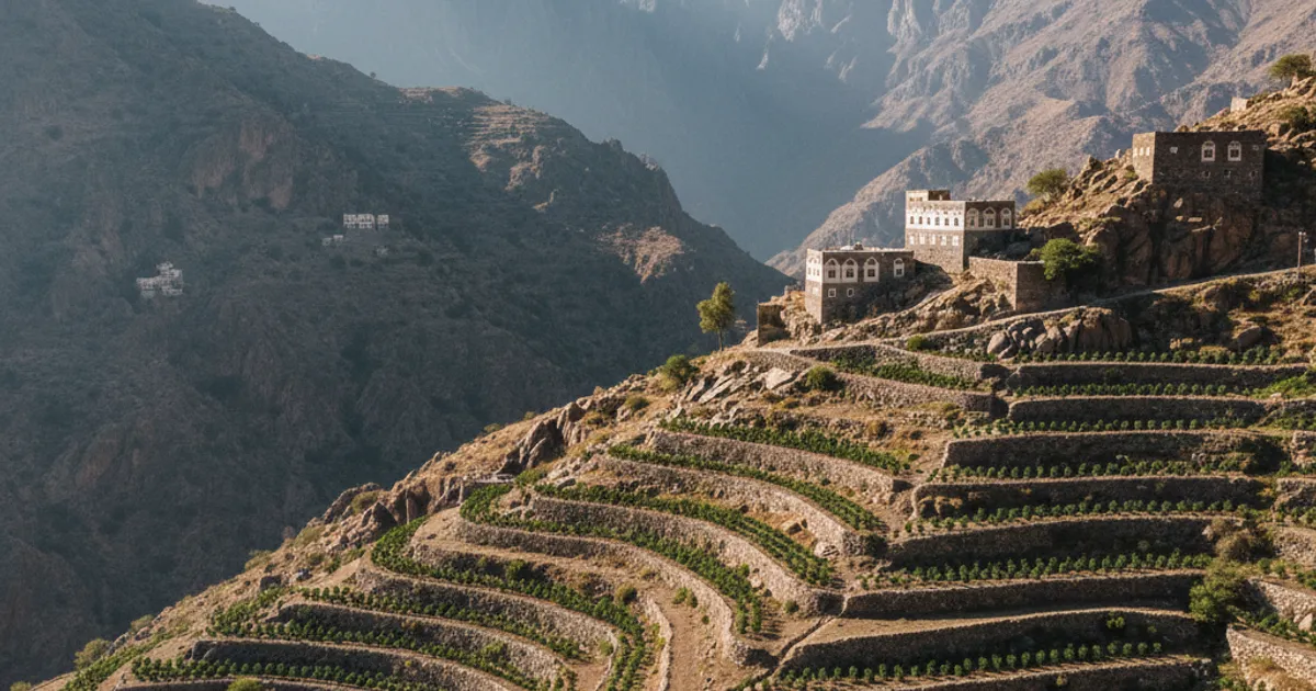 Terrasses caféières anciennes sur les pentes escarpées des montagnes Haraz au Yémen avec villages de pierre